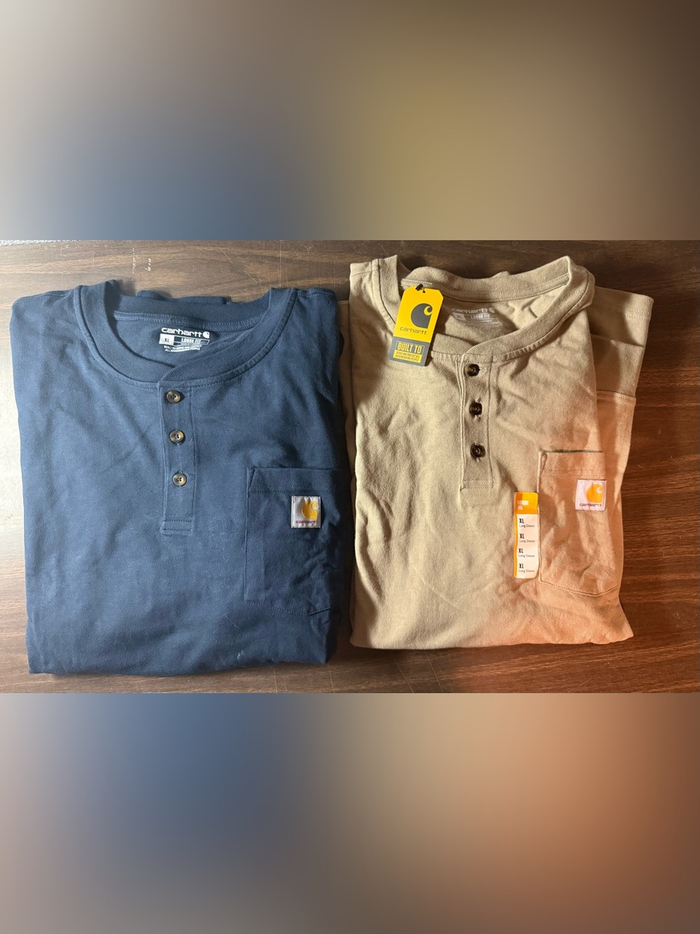 (2) NWT Carhartt Loose Fit Heavyweight Long Sleeve Pocket Henley Shirts Blue Tan